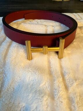 H&M Red Leather Belt with Gold H Buckle